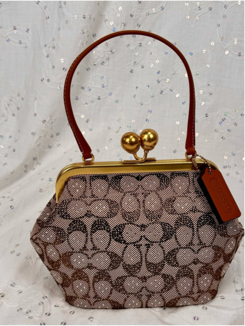 Coach Crystal Signature Brown Jacquard Kisslock 16 Bag - *NEW*